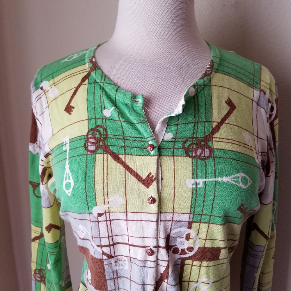 Cabi Green Key Print Button Up Cardigan Sweater - image 3